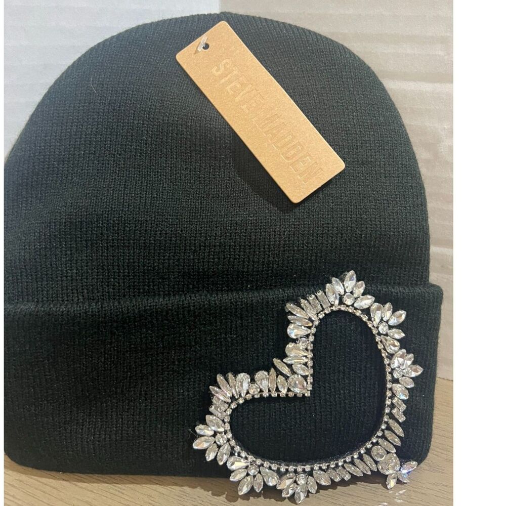 New with tag Steve Madden Black Knit Beanie with Rhinestone Beaded Heart Bling.